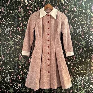 Vintage 60s 70s Pink Dot Print Long-Sleeve Dress with White Collar